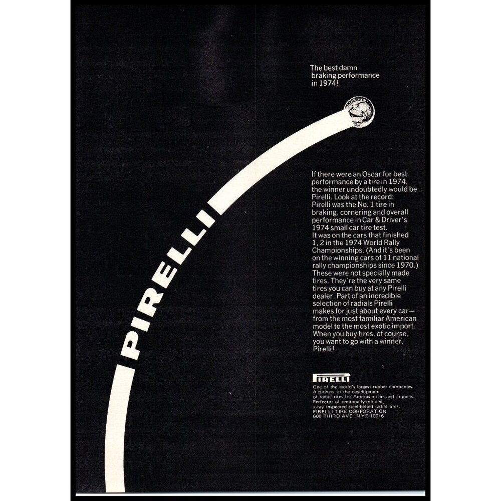 1975 Pirelli Tires Vintage Print Ad Stop on a Dime Man Cave Minimalist Wall Art